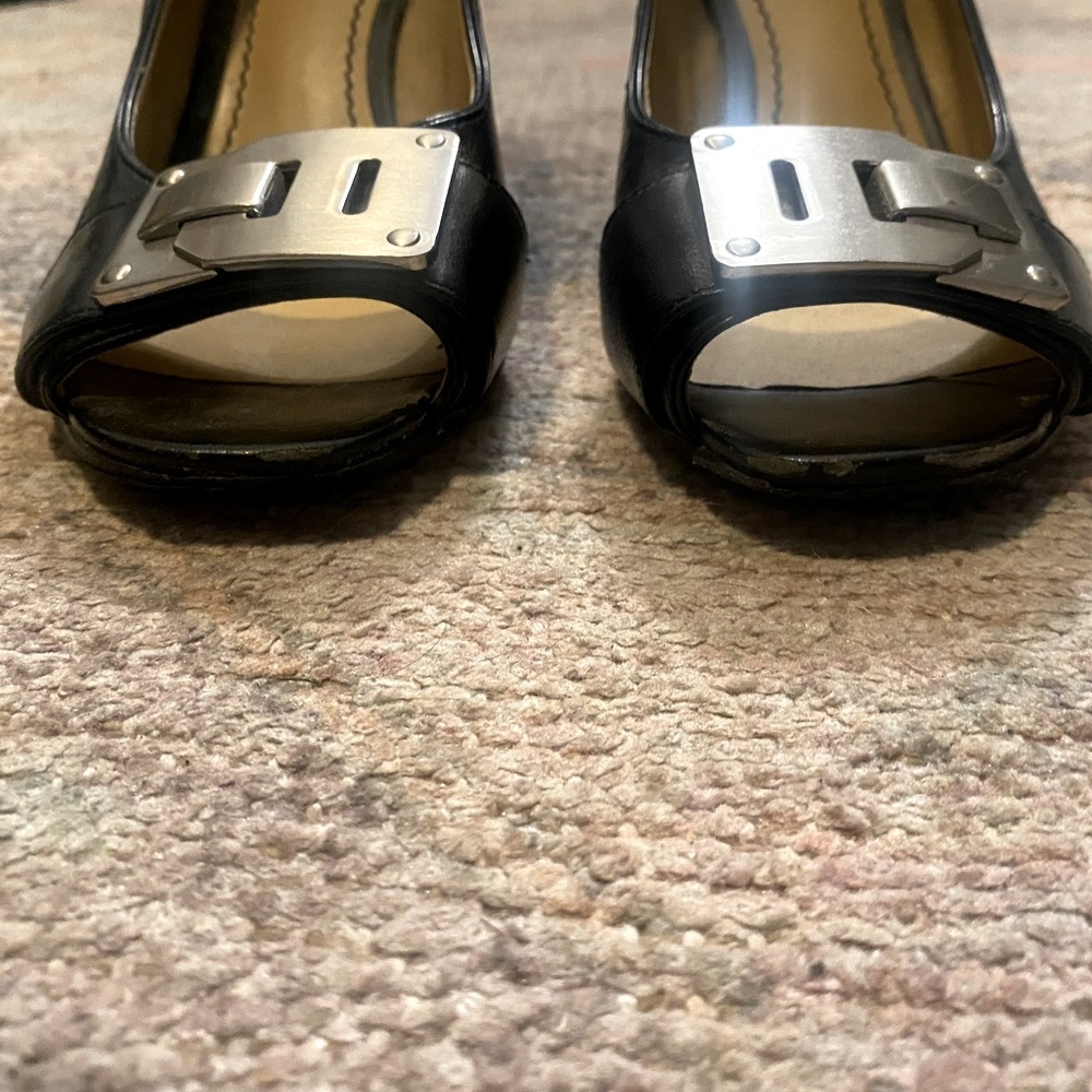 Nine West Wedge Heeled Black Shoe with Metal Buckle Detail on Toe - Picture 5 of 7